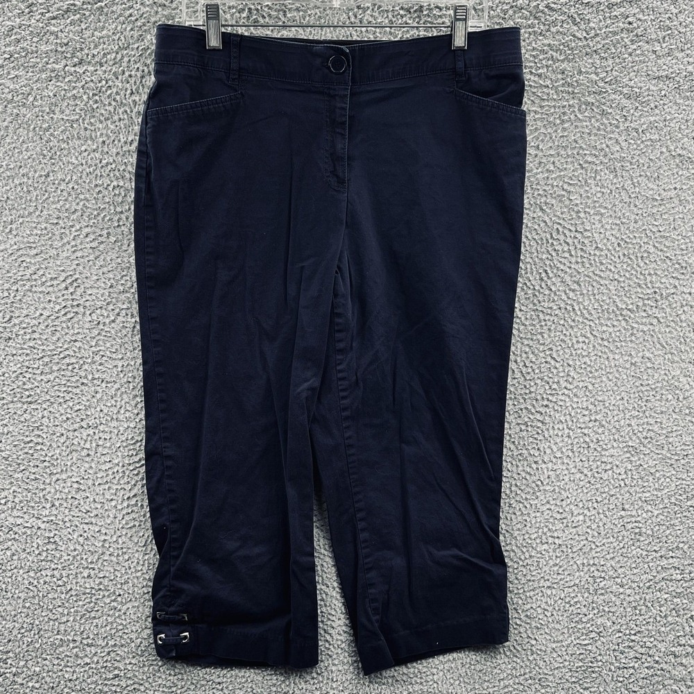 Womens Cropped Pants 12 Navy Stretch Casual Zip Front Straight Leg Casual Resort